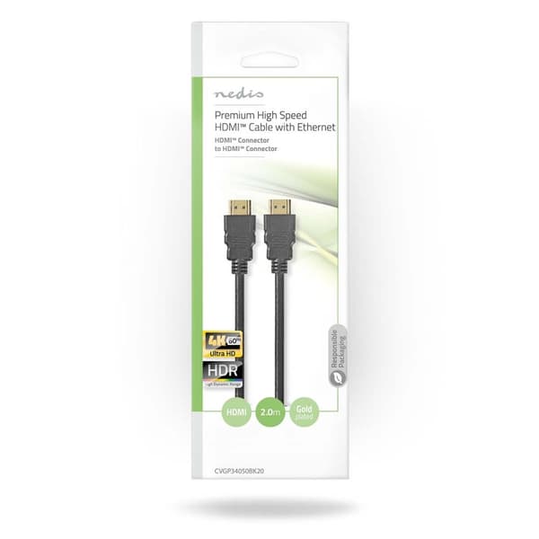 Nedis Premium High Speed HDMI ™ kabel med Ethernet | HDMI™ Stik | HDMI™ Stik | 4K@60Hz | 18 Gbps | 2.00 m | Runde | PVC | Sort | Konvolut