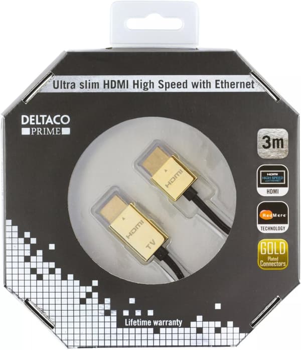 DELTACO PRIME tynn HDMI-kabel med gullbelagte zink-kontakter, 3m