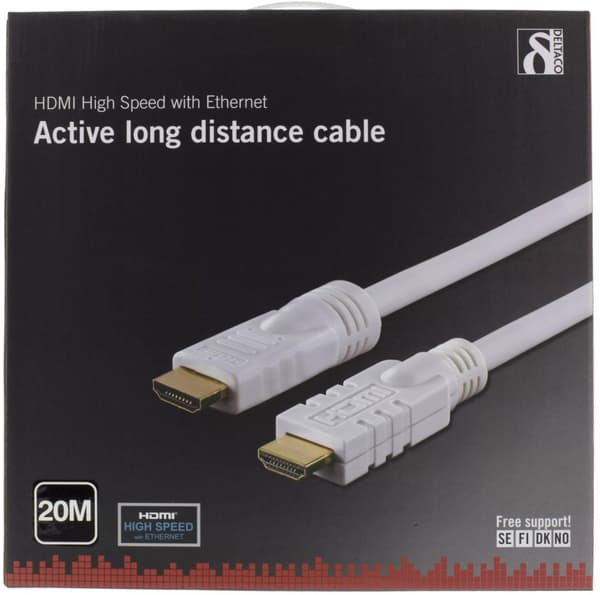 DELTACO HDMI-kabel, aktiv, ha-ha, 1080p, v1.4, 20m, vit