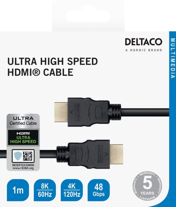 DELTACO Ultra High Speed HDMI-kabel, 3m, eARC, QMS, 8K vid 60Hz, 4K vid 120Hz, svart