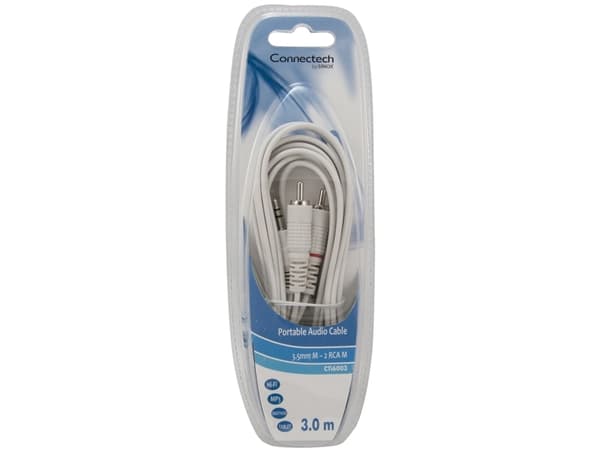 Connectech 3,5mm mini jack til phono kabel. 3m. Hvid