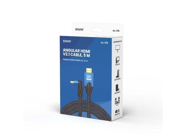SAVIO CL-175 HDMI v2.1-kabel, vinklet, 5m, kobber, bomullsflett, metallplugger