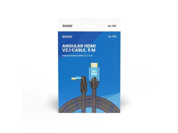 SAVIO CL-175 HDMI v2.1-kabel, vinklet, 5m, kobber, bomullsflett, metallplugger