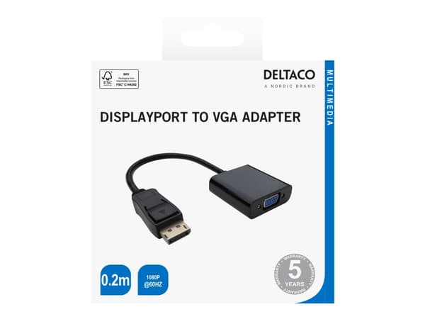 DELTACO - Videokort - DisplayPort (hane) spärrad till HD-15 (VGA) (hona) gängad - 20 cm - 1080p stöd 60 Hz - svart