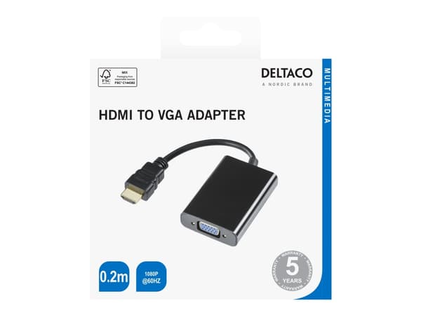 DELTACO - Videokort - HDMI hane till HD-15 (VGA) hona - 20 cm - svart - 1080p stöd 60 Hz