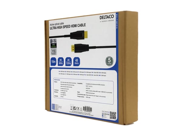 DELTACO - Ultra High Speed - HDMI-kabel - HDMI hann til HDMI hann - 10 m - svart - 4K 120 Hz støtte, 8 K 60 Hz (7680 x 4320) støtte, Active Optical C
