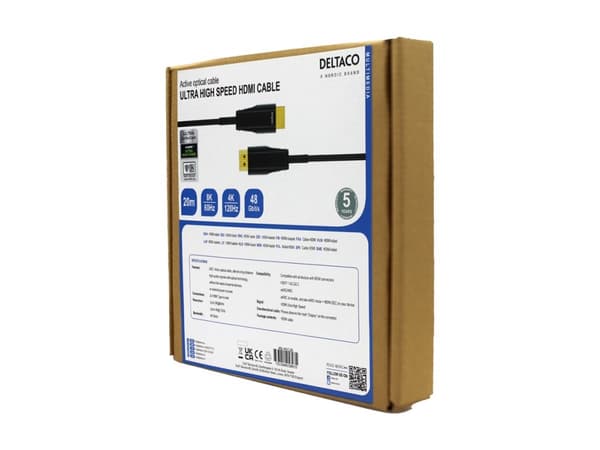 DELTACO - Ultra High Speed - HDMI-kabel - HDMI hann til HDMI hann - 20 m - svart - up to 48 Gbps data transfer rate, Active Optical Cable (AOC), 4 K