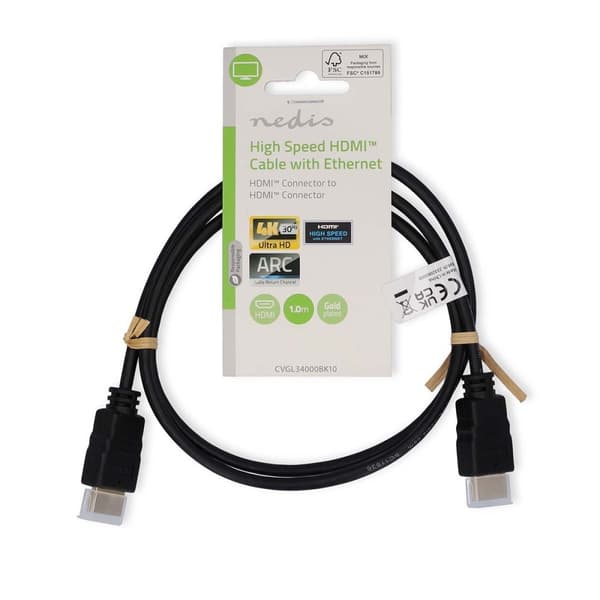 Nedis High Speed ​​HDMI ™ kabel med Ethernet | HDMI™ Kontakt | HDMI™ Kontakt | 4K@30Hz | ARC | 10.2 Gbps | 1.00 m | Rund | PVC | Svart | Label