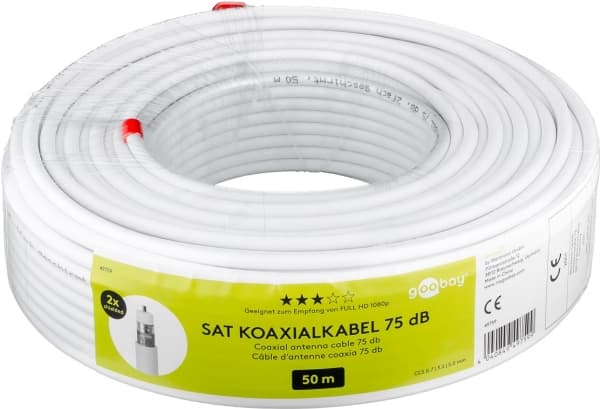 goobay - Bulkantennkabel - 50 m - dubbelt skärmad koaxial - 75 dB - vit