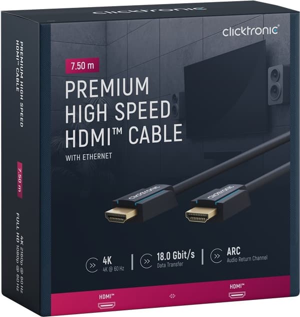 ClickTronic Höghastighets HDMI™-kabel med Ethernet Premiumkabel | 1x HDMI™-kontakt  1x HDMI™-kontakt | 7,5 m | UHD 4K @ 60 Hz