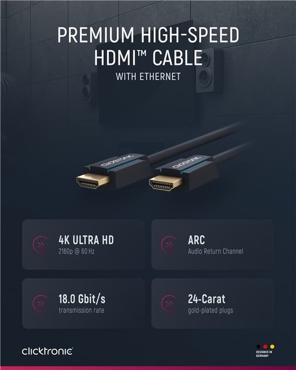 ClickTronic Höghastighets HDMI™-kabel med Ethernet Premiumkabel | 1x HDMI™-kontakt  1x HDMI™-kontakt | 7,5 m | UHD 4K @ 60 Hz