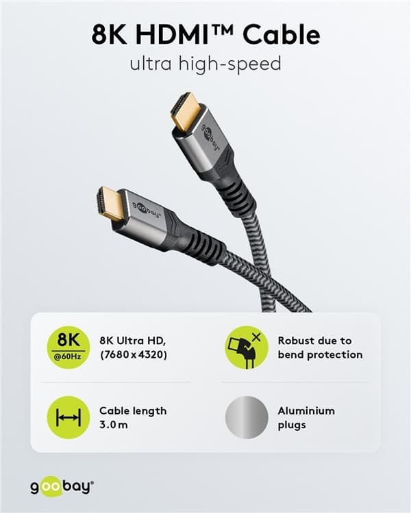 Goobay Ultrahøjhastigheds HDMI™-kabel, 3 m, Sharkskin Grey HDMI™ stik (type A) > HDMI™ stik (type A)
