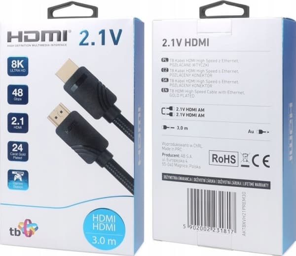 TB HDMI v 2.1 premiumkabel 3m 8k svart, designet for spillere