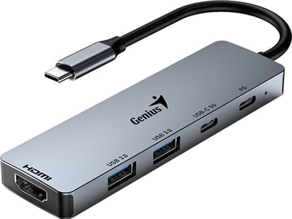 USB (3.0) Hub 5 porttia, UH-500, harmaa, Genius, 2x USB 3.0,1x HDMI,2x USB-C, Teho 100W