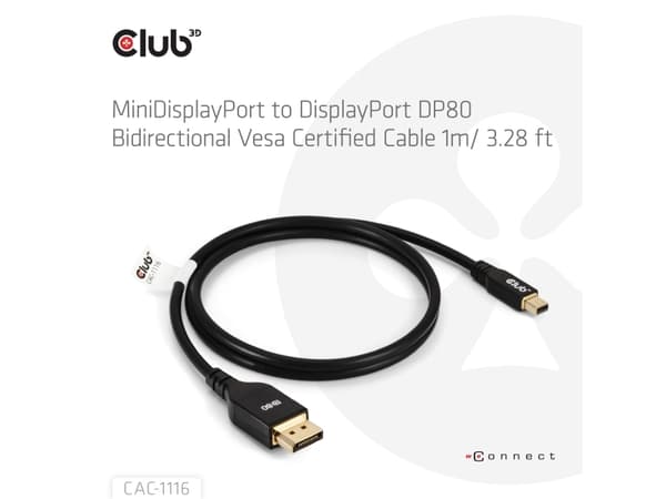 Club 3D CAC-1116 - DisplayPort-kabel - Mini DisplayPort (hane) till DisplayPort (hane) - DisplayPort 2.1 - 1 m - VESA DP80-certifierad, UHBR10, UHBR2