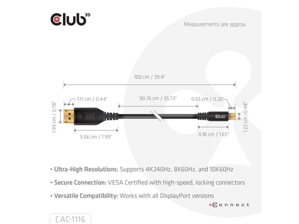Club 3D CAC-1116 - DisplayPort-kabel - Mini DisplayPort (hane) till DisplayPort (hane) - DisplayPort 2.1 - 1 m - VESA DP80-certifierad, UHBR10, UHBR2