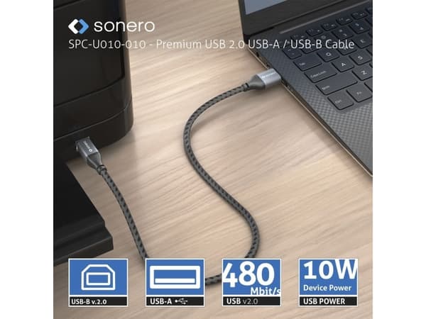 sonero SPC-U010-050, 5 m, USB A, USB B, USB 2.0, 0,48 Gbit/s, Svart, Grå