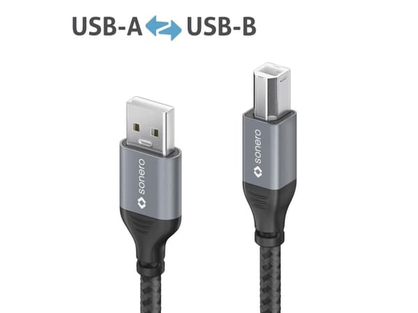 sonero SPC-U010-050, 5 m, USB A, USB B, USB 2.0, 0,48 Gbit/s, Svart, Grå