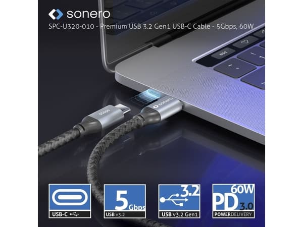 sonero SPC-U320-005, 0,5 m, USB C, USB C, USB 3.2 Gen 1 (3.1 Gen 1), 5 Gbit/s, Svart, Grå