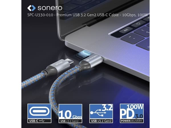 Sonero USB-C - USB-C kaapeli - 3.2 Gen 2, 10Gbps, 100W PD DP Alt Mode - harmaa/sininen - 1.00m