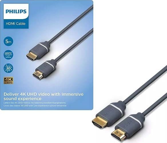 Philips SWV5650G - Hög hastighet - HDMI-kabel med Ethernet - HDMI hane till HDMI hane - 5 m - 4K60Hz stöd, upp till 18 Gbps dataöverföringshastighet,