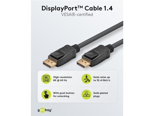 Goobay 74778, 2 m, DisplayPort, DisplayPort, Hankjønn, Hankjønn, 7680 x 4320 piksler