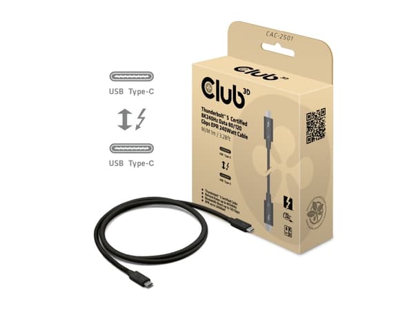Club 3D - USB-kabel - 24 pin USB-C (hane) till 24 pin USB-C (hane) - USB 3.2 Gen 2 / USB4 / Thunderbolt 3 / Thunderbolt 4 / Thunderbolt 5 - 1 m - 8K2