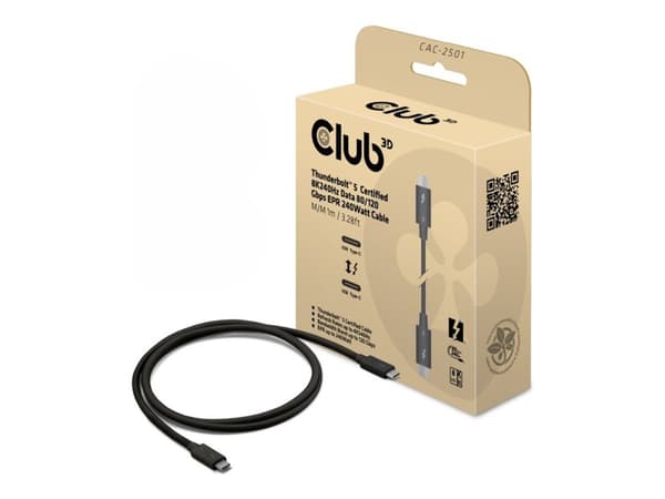 Club 3D - USB-kabel - 24 pin USB-C (hane) till 24 pin USB-C (hane) - USB 3.2 Gen 2 / USB4 / Thunderbolt 3 / Thunderbolt 4 / Thunderbolt 5 - 1 m - 8K2