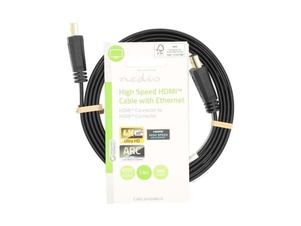Nedis CVGL34100BK15, 1,5 m, HDMI Typ A (standard), HDMI Typ A (standard), 3D kompatibilitet, 10,2 Gbit/s, Svart