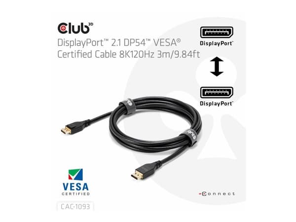 Club 3D - DisplayPort-kabel - DisplayPort (hane) till DisplayPort (hane) - DisplayPort 2.1 - 3 m - VESA DP54 Certified, 8K120 Hz (7680 x 4320) stöd -