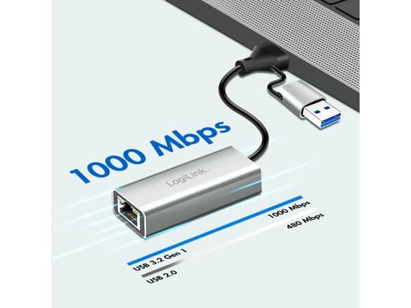 LogiLink UA0238B, Kabel, USB Type-A/USB Type-C, Ethernet, 1000 Mbit/s, Grå