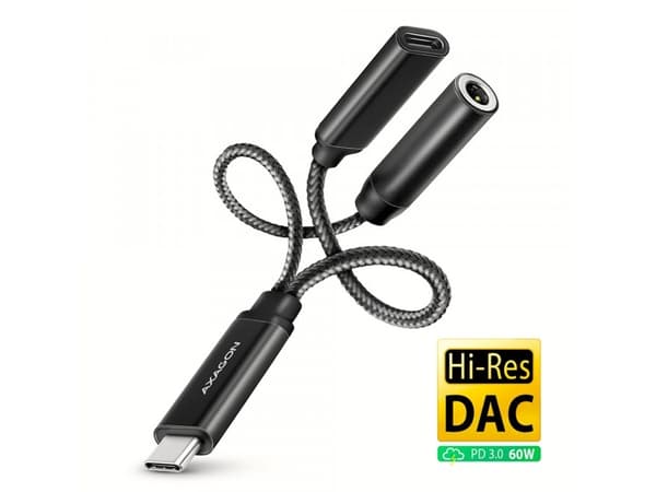 AXAGON ADA-HCPD USB-C till 3,5 mm jackkontakt och USB-C, Hi-Res DAC, 384kHz/32bit, 60 W PD - svart
