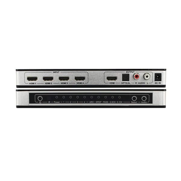 INF HDMI 4x1 koblingsboks og lyddeler UHD 4K 3D HDMI 2.0 ARC Toslink + RCA