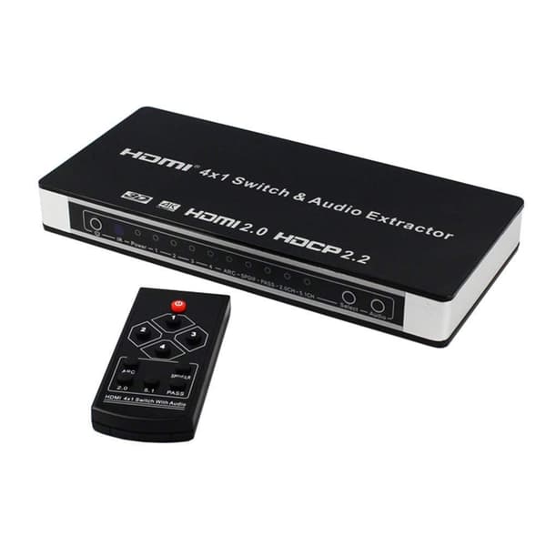 INF HDMI 4x1 koblingsboks og lyddeler UHD 4K 3D HDMI 2.0 ARC Toslink + RCA