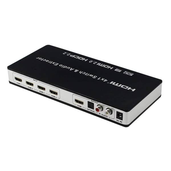 INF HDMI 4x1 koblingsboks og lyddeler UHD 4K 3D HDMI 2.0 ARC Toslink + RCA