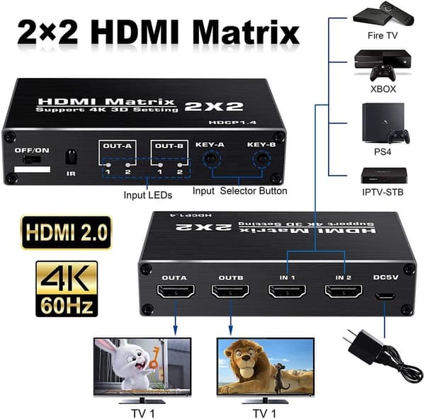 NÖRDIC Matrix HDMI Switch 2 til 2 HDMI 2.0 4K 60Hz HDCP1.4 3D YUV 4: 2: 0