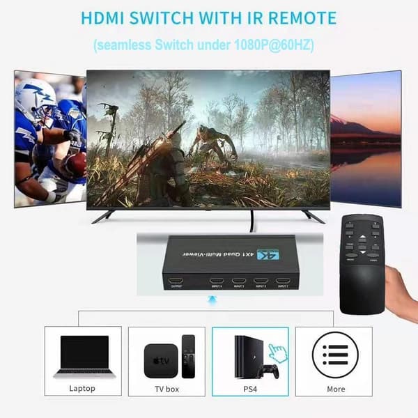 NÖRDIC HDMI-skaleringsbryter 4 til 1 med Multiviewer 4K30hz HDCP1.4