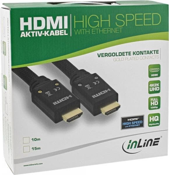 InLine High Speed - HDMI til Ethernet-kabel - HDMI (M) til HDMI (M) - 15,0 m - Triple Shielded Twisted Pair-kabel - Sort - Støbt, 4K-understøttelse, A
