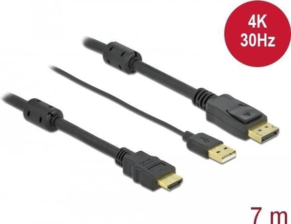DeLOCK - Video-/lydkabel - DisplayPort / HDMI - HDMI, USB (kun strøm) (M) til DisplayPort (M) - 7 m - Tredobbelt isolering - Sort - 4K-understøttelse