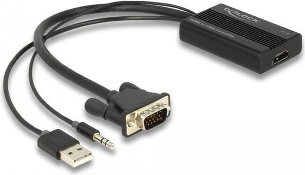 Delock - Strömförsörjning/ljud/videoadapter - HD-15 (VGA), stereo minijackkontakt, USB (endast ström) hane till HDMI hona - 25cm - svart - tumskruvar,
