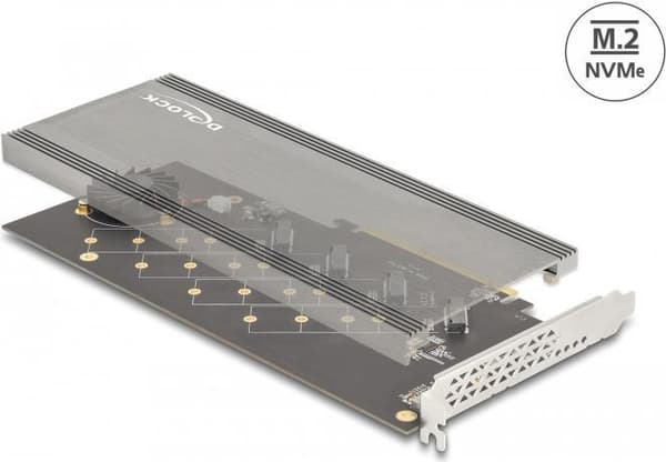 Delock PCI Express 4.0 x16-kort till 4 x intern NVMe M.2 Key M med kylfläns och fläkt - Bifurcation (90079) Grå