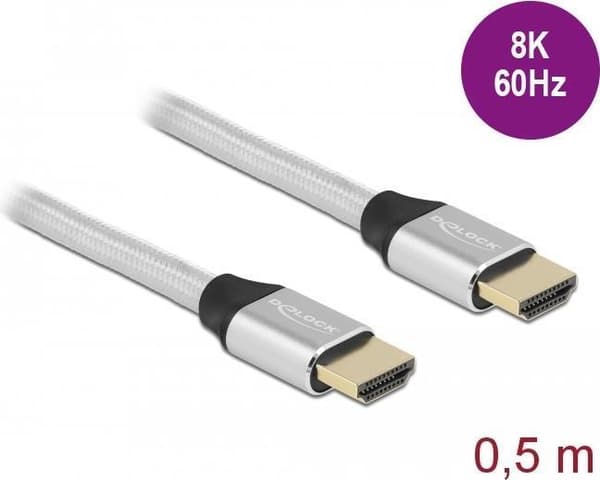 Delock - Ultra High Speed HDMI-kabel - HDMI han til HDMI han - 50 cm - tredobbelt isolering - sølv - forgyldte kontakter, understøtter 8K 60 Hz (7680