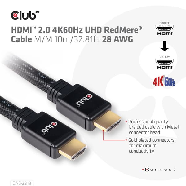 club3D HDMI-liitäntäkaapeli 10,00 m CAC-2313 liekinkestävä, nopea HDMI-musta [1x HDMI-pistoke - 1x HDMI-pistoke]