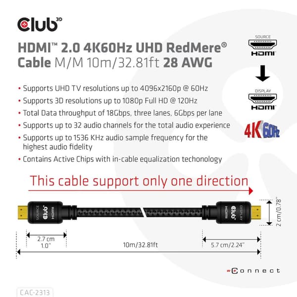 club3D HDMI-liitäntäkaapeli 10,00 m CAC-2313 liekinkestävä, nopea HDMI-musta [1x HDMI-pistoke - 1x HDMI-pistoke]