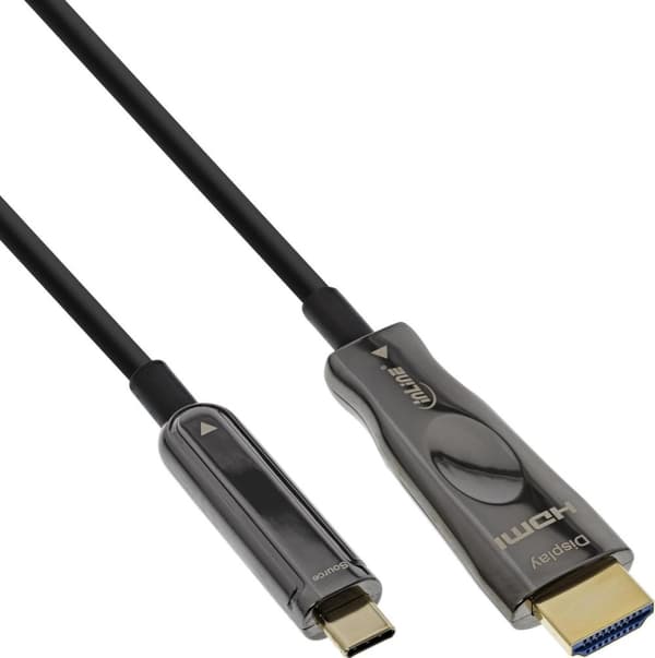 INLINE - Adapterkabel - USB-C han til HDMI han - 25 m - Hybrid kobber/kulfiber - Sort - Rundt, aktivt optisk kabel (AOC), understøtter 4K 60 Hz (3840