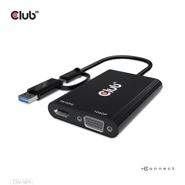 CLUB3D USB Gen1 Type-C/-A til Dual HDMI (4K/30Hz) / VGA (1080/60Hz) (CSV-1611) Sort