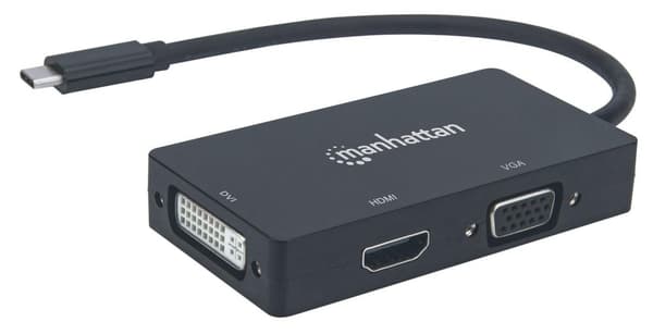 Manhattan 152983 USB-C 3-in-1 Moniporttinen A/V-muunnin USB Type-C Uros DVI, HDMI tai VGA Naaras 4K@30Hz HDMI Portti 1080p VGA- ja DVI-portit musta
