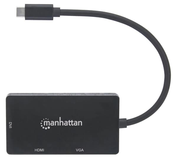 Manhattan 152983 USB-C 3-in-1 Moniporttinen A/V-muunnin USB Type-C Uros DVI, HDMI tai VGA Naaras 4K@30Hz HDMI Portti 1080p VGA- ja DVI-portit musta