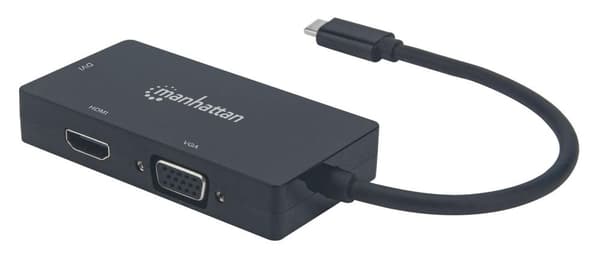 Manhattan 152983 USB-C 3-i-1 multiport A/V-konverter USB Type-C han til DVI, HDMI eller VGA hun 4K@30Hz til HDMI-port 1080p til VGA og DVI-porte Sort Sort