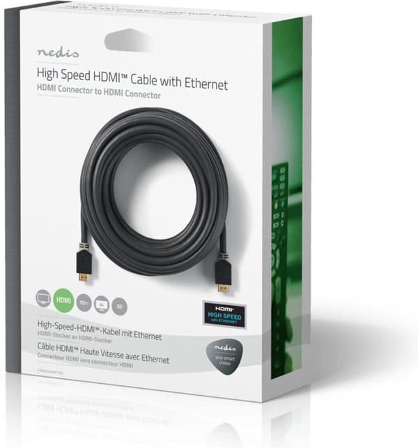 High Speed HDMI™-kaapeli Ethernetillä | HDMI™-liitin | HDMI™-liitin | 4K@60Hz | 18 Gbps | 10,0 m | Pyöreä | PVC | Antrasiitti | ikkuna laatikko